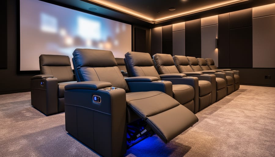 Eye-level view of dark leather power recliner theater seats with cupholders and USB ports, one partially reclined, in a warmly lit home theater with a softly glowing screen, acoustic wall panels, and clear walkway space behind the row.