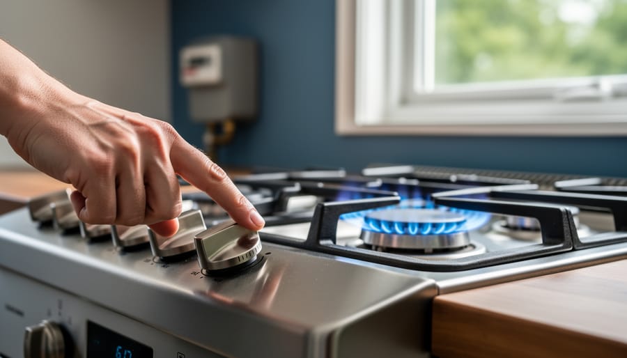 Hand turning a gas stove knob as a burner produces a steady blue flame in a bright kitchen, with an open window and a softly blurred outdoor gas meter in the background.