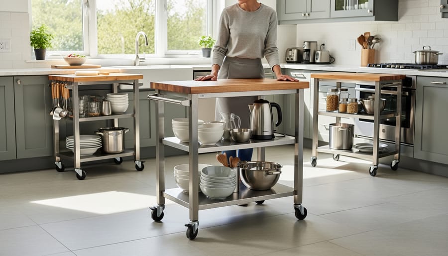 White rolling kitchen cart with wooden top positioned in compact modern kitchen