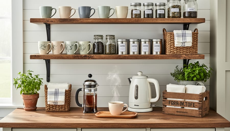 Rustic farmhouse style tea station with wooden shelves, vintage jars, and hanging mugs