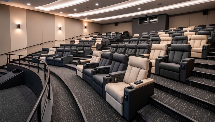 Curved sectional home theater recliner seating showing connected configuration in modern entertainment room