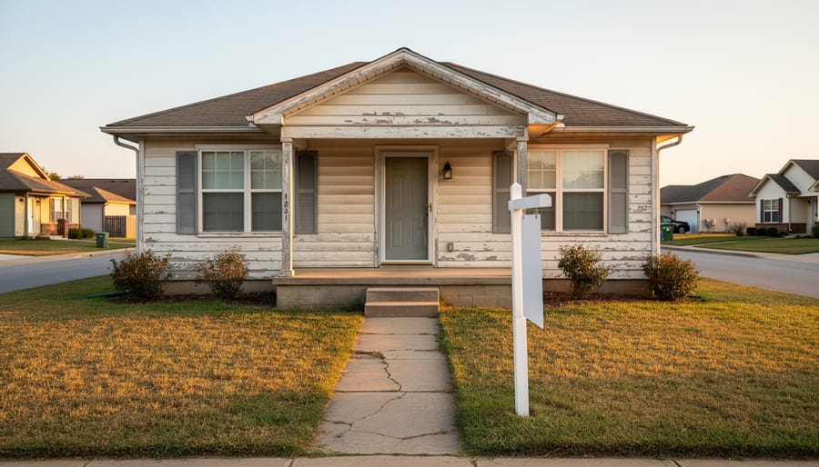 Eye-level curbside view of a slightly weathered suburban house with peeling paint and a cracked walkway beside a blank yard sign, lit by warm late-afternoon sunlight on a quiet residential street