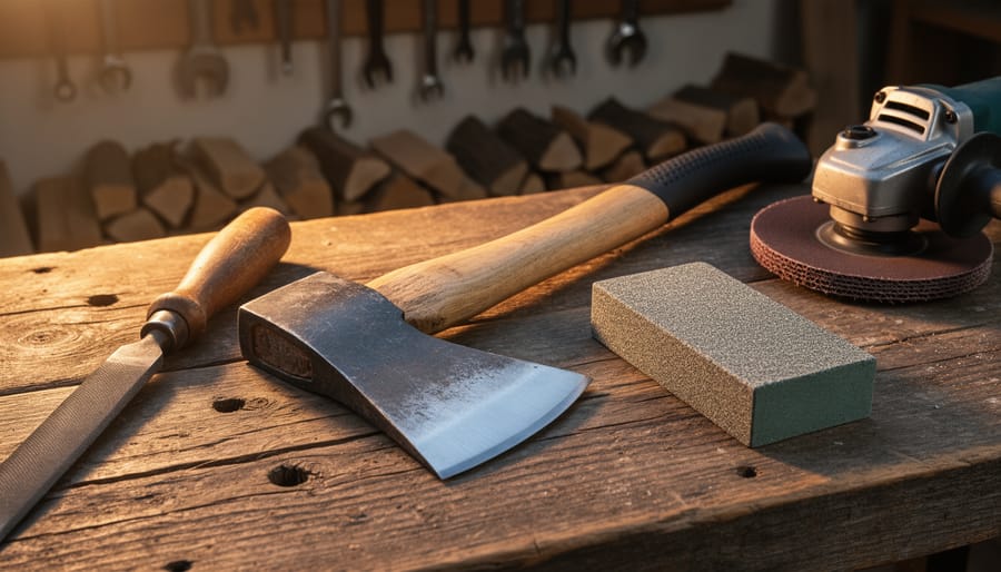 Freshly sharpened axe with polished edge on a rustic workbench beside a mill bastard file, dual-grit stone, and an angle grinder with flap disc, lit by warm side light with stacked firewood and hanging tools softly blurred in the background.