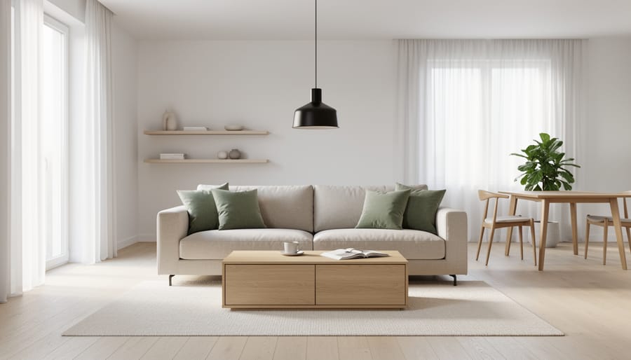 Minimalist open-plan living room with a beige sofa, oak storage ottoman, and matte-black pendant light, styled in a warm white, light oak, and muted sage palette with soft natural daylight and a simple dining nook in the background.