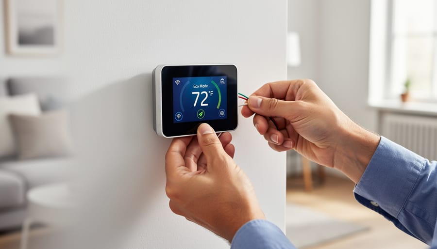 Person adjusting smart thermostat mounted on wall in modern home