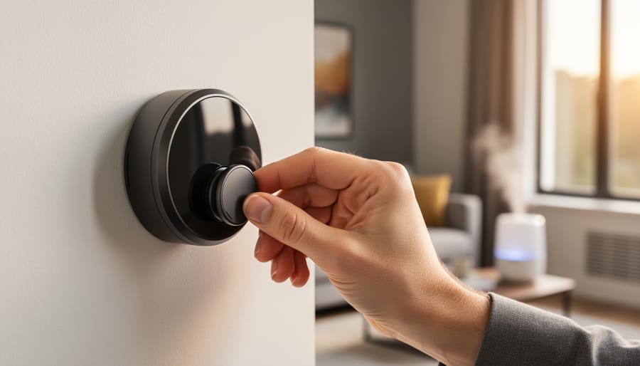 Hand adjusting a sleek smart thermostat on a white wall with warm daylight and a blurred living room showing sealed windows and a small humidifier, suggesting energy-efficient heating upgrades.