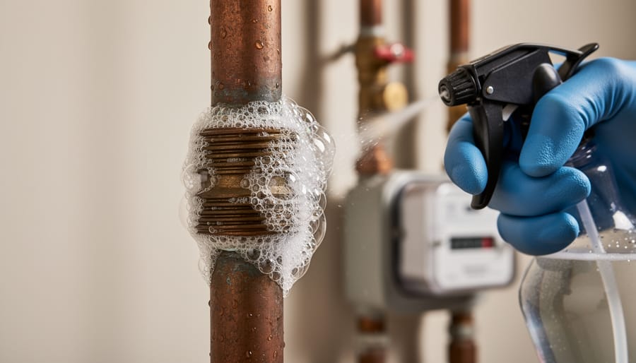 Hands applying soapy water to gas pipe connection to check for leaks