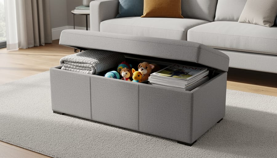 Open storage ottoman revealing organized blankets and pillows in hidden compartment