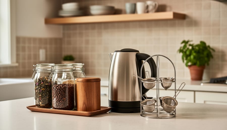 Three-quarter overhead view of a tidy kitchen tea station with airtight glass tea jars, a wooden coffee bean canister, a compact electric kettle, and a tiered stand, lit by soft morning light with the backsplash and shelves softly blurred.