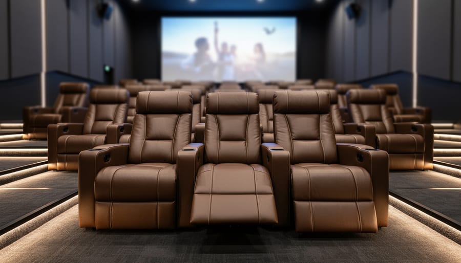 Side view of black leather home theater recliner in reclined position showing specialized design features