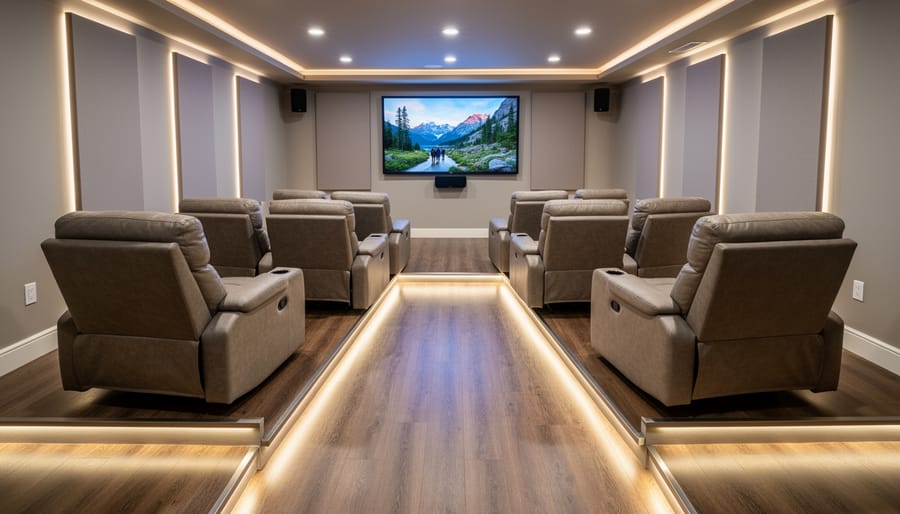 Home theater room layout showing recliner spacing and clearance requirements with measuring considerations