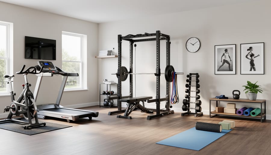 Overhead view of well-organized home gym showing distinct workout zones with various equipment