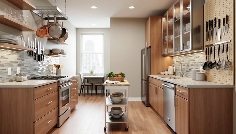 Bright compact galley kitchen with open shelving, glass-front cabinets, magnetic knife strip, hanging pot rack, pegboard utensils, and a slim rolling cart, photographed at eye level in soft natural light.