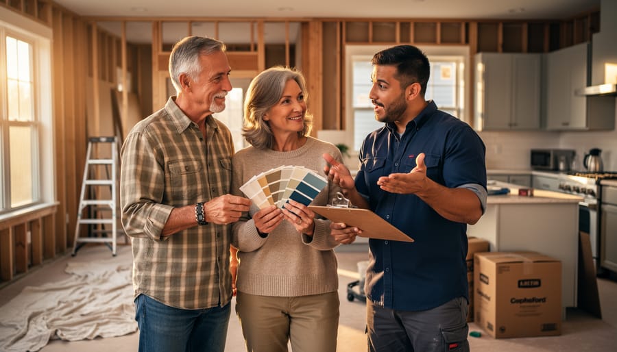 Veteran couple and contractor reviewing paint swatches in a partially renovated living room-kitchen, warm side light, with exposed studs, ladders, and drop cloths in the background.