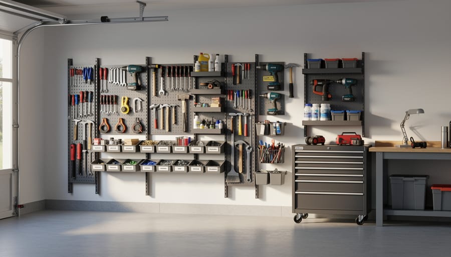 Vertical garden tool storage system with organized tools mounted on wooden wall