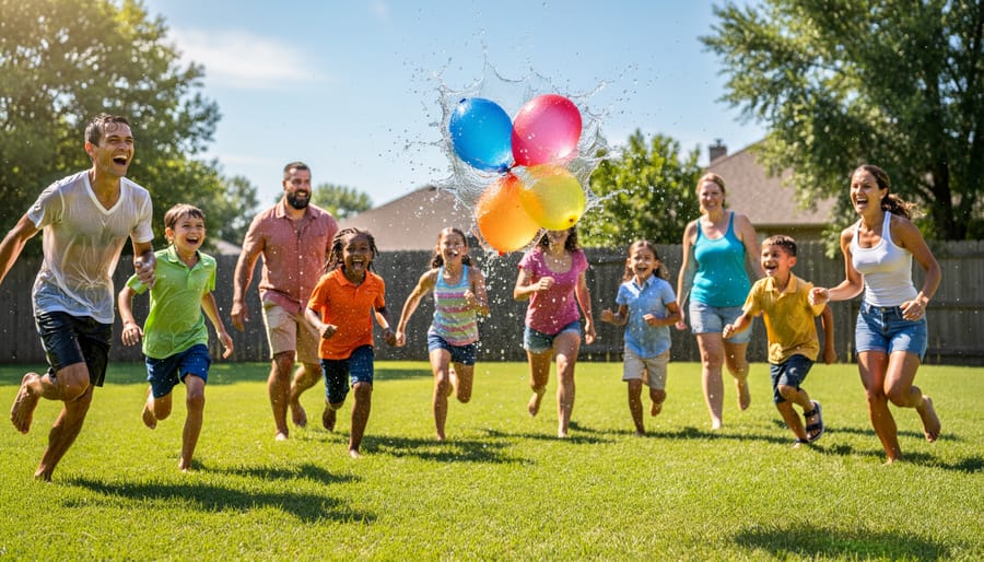 Children playing water balloon toss game in backyard during summer