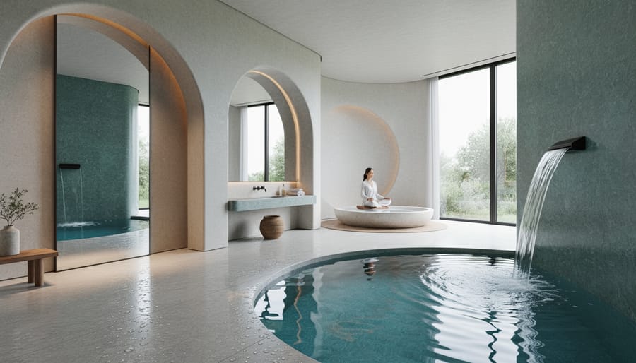 Modern bathroom with water fountain, circular mirror, and curved glass elements demonstrating water element design principles