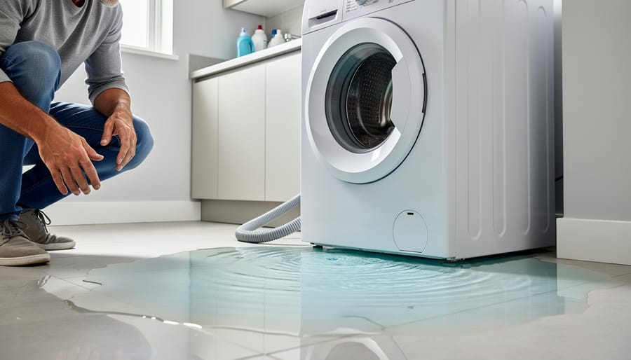 Puddle of water on laundry room floor beneath washing machine