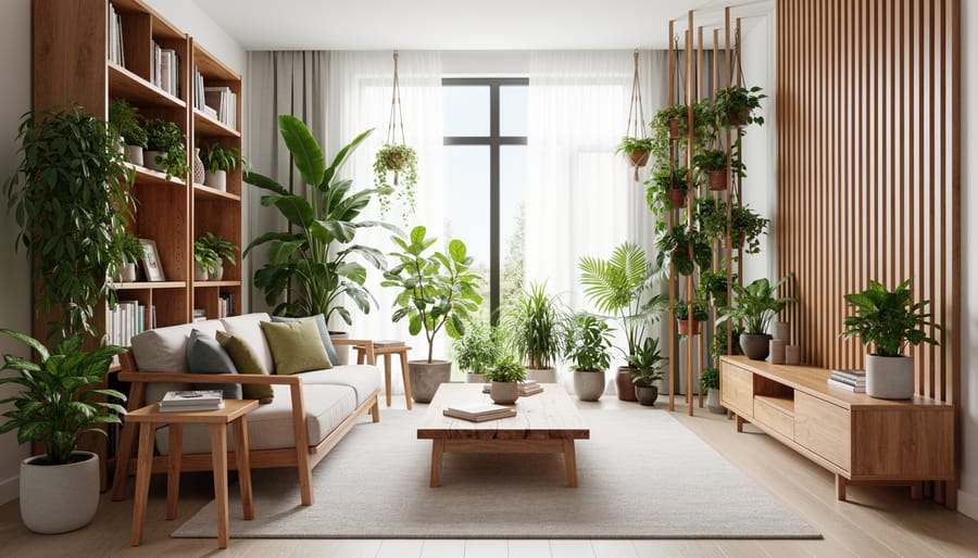 Modern living room with indoor plants, wooden furniture, and bamboo accent wall demonstrating wood element design