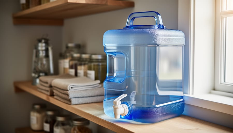 Translucent blue 5-gallon water storage container with built-in spigot on a tidy pantry shelf, lit by soft window light, with a blurred background of organized unlabeled jars, a small lantern, and towels.
