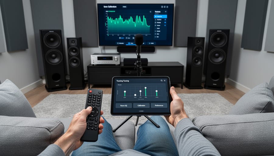 Person adjusting home theater audio settings from primary listening position