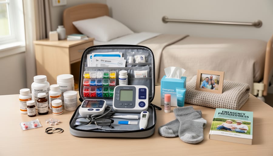 Overhead view of emergency preparedness supplies including medications, medical alert device, and essential items