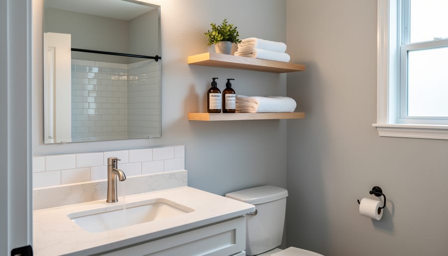 Modern bathroom vanity with updated fixtures, mirror, and floating shelf