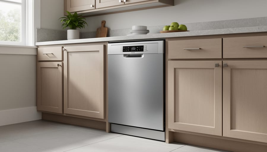 Stainless steel built-in dishwasher integrated into modern kitchen cabinetry
