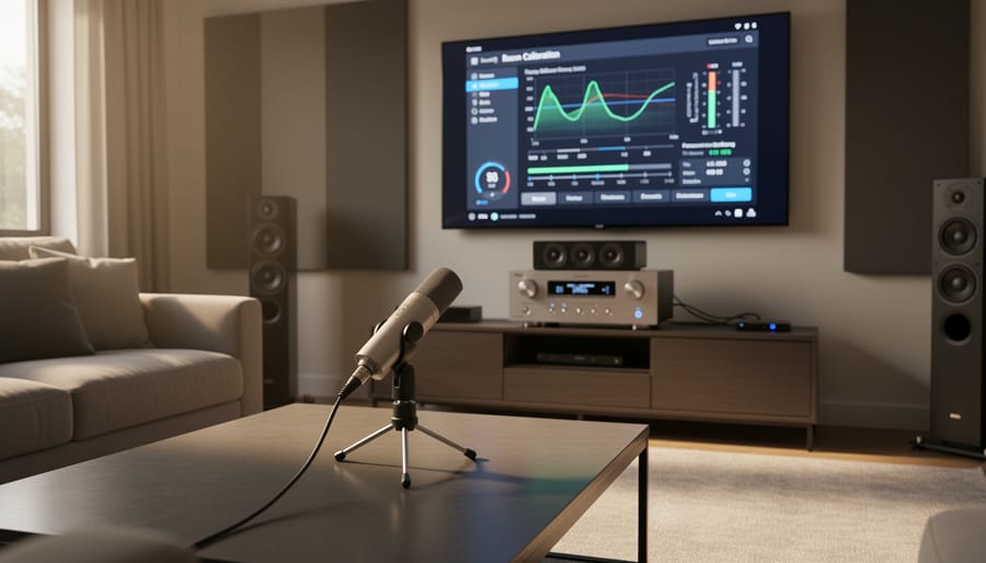 Calibration microphone on stand with AV receiver in home theater setup