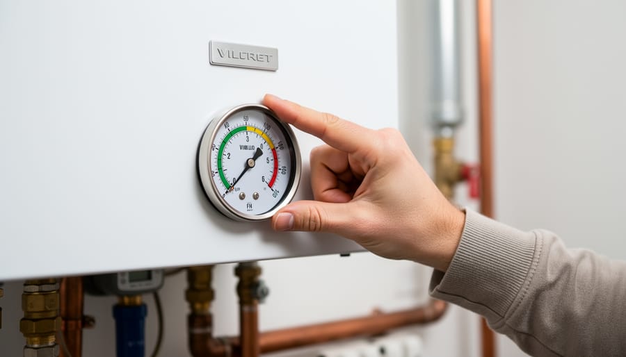 Homeowner checking pressure gauge on residential boiler