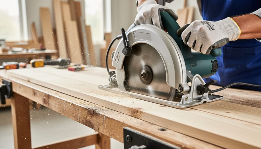 Person using circular saw to make straight cut through wooden board on workbench