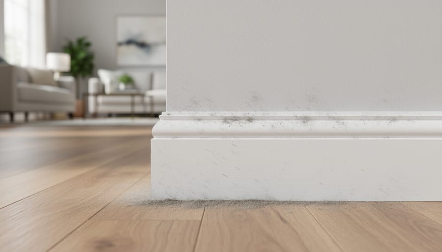 Hand in yellow glove cleaning white baseboard with microfiber cloth