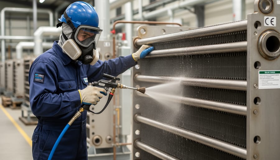 Close-up of hands cleaning heat exchanger fins with specialized brush