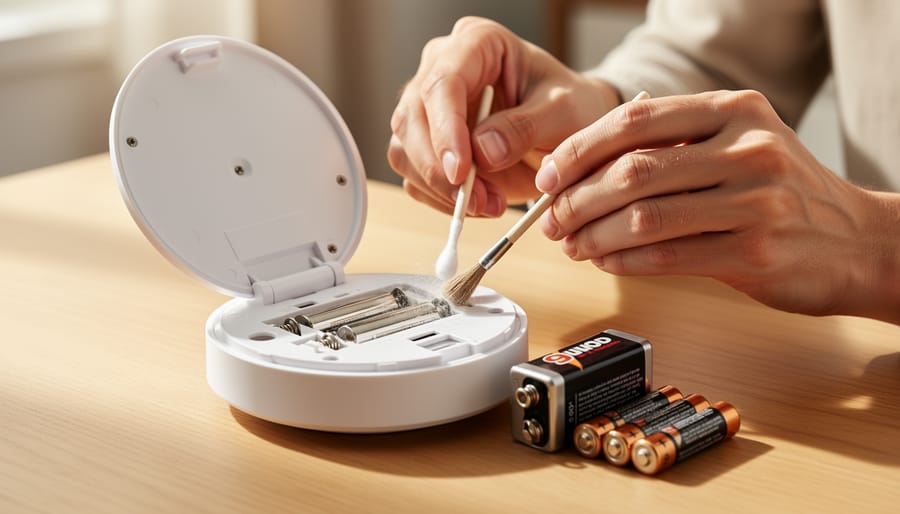 Hands cleaning smoke detector battery contacts with cotton swab