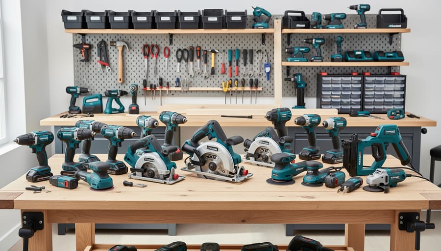Overhead view of essential power tool collection arranged on wooden workbench