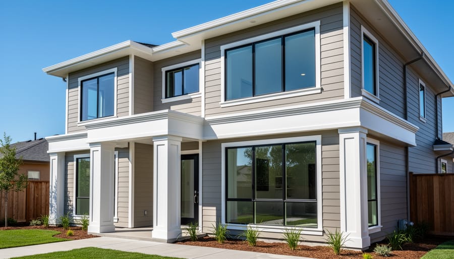 Modern home exterior with flat white trim boards around windows contrasting with dark gray siding