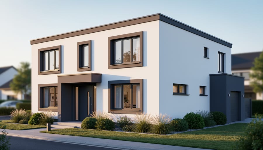 Modern white stucco home with flat charcoal contemporary trim around windows, front door, roofline, and corners, photographed at a 45-degree angle during golden hour; clean lines and subtle shadow grooves highlighted, with landscaped front yard and quiet street softly blurred.