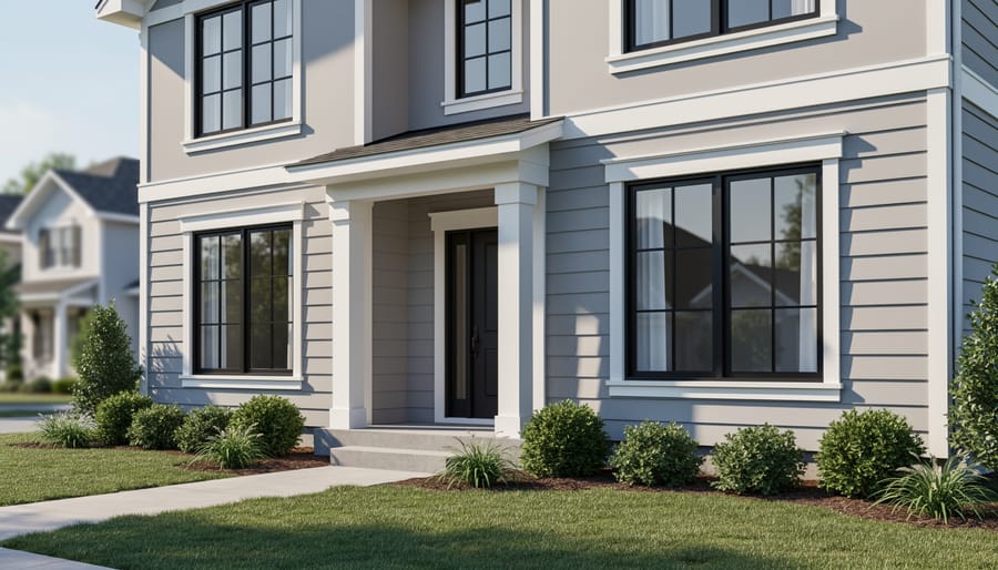 Home exterior transformation showing ornate traditional trim replaced with sleek contemporary trim molding