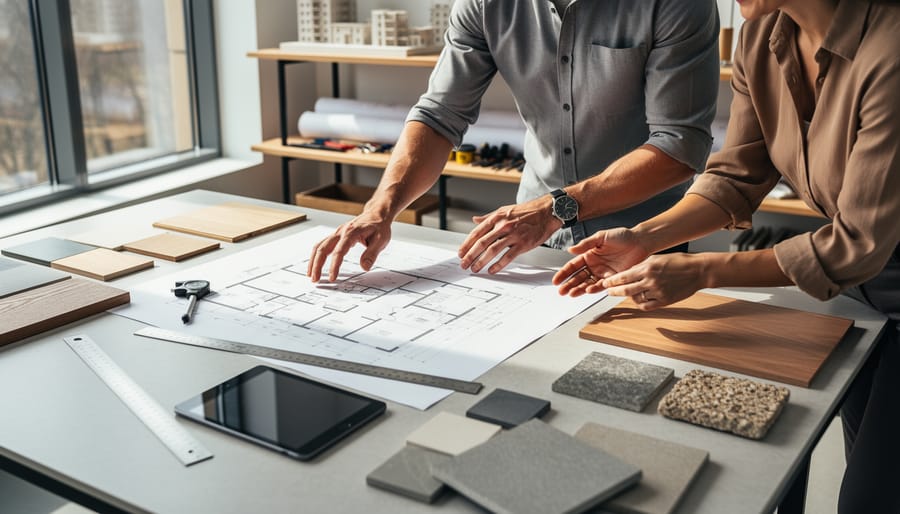 Hands of an architect and a homeowner pointing at floor plans with a scale ruler and wood and stone swatches on a large table in a sunlit modern studio, with shelves of models softly blurred in the background.