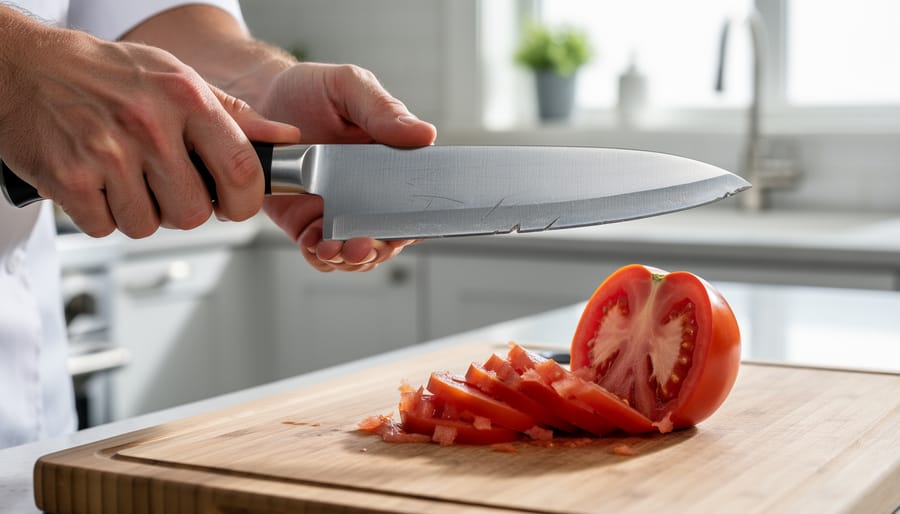 Close-up view of X-Acto knife blade edge showing wear and dullness