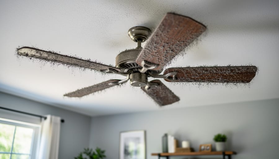 Close-up of dusty ceiling fan blades showing accumulated grime