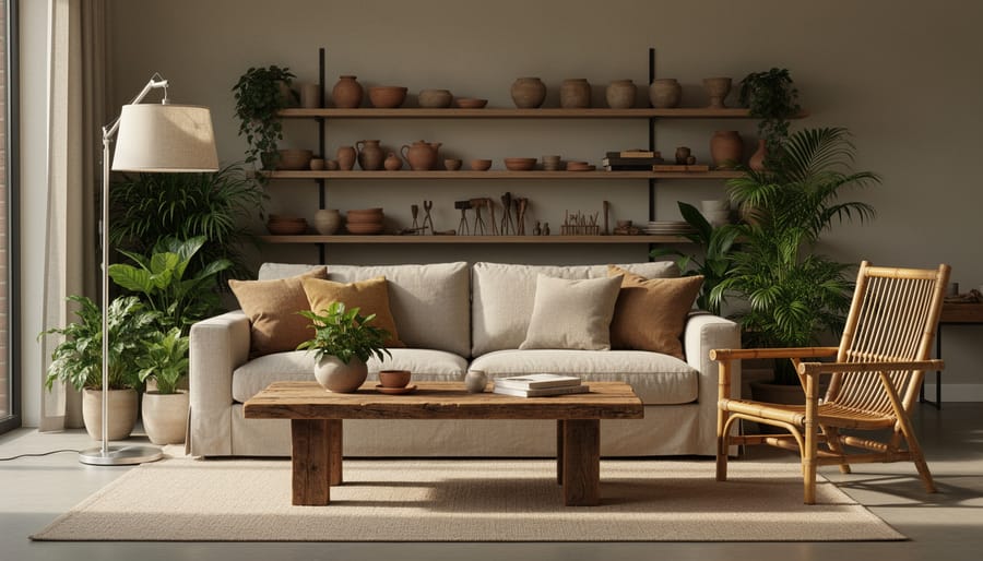 Modern living room showcasing a reclaimed-wood coffee table, bamboo accent chair, recycled aluminum floor lamp, linen sofa, and indoor plants in soft natural daylight.