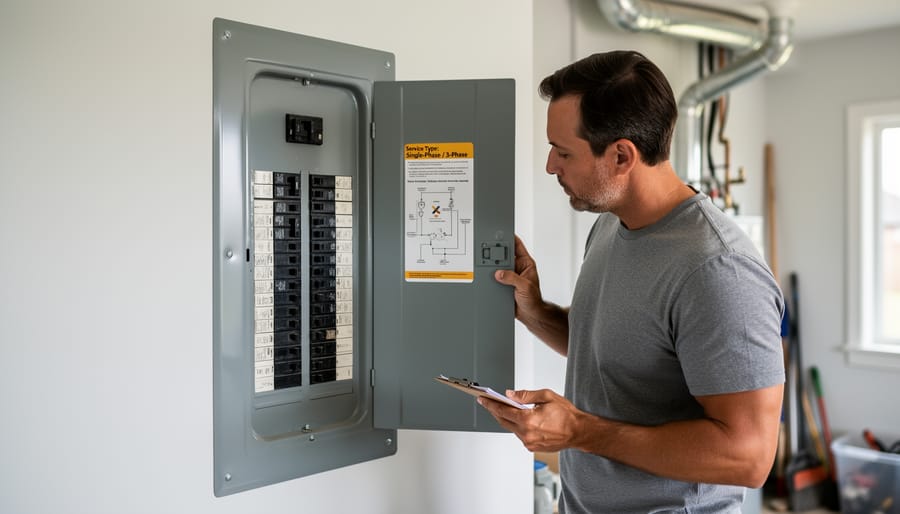 Electrician examining residential electrical panel circuit breakers