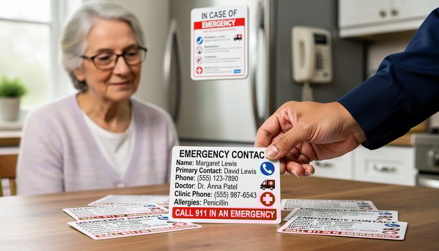 Elderly person's hands holding emergency contact card with senior using mobility aid in background
