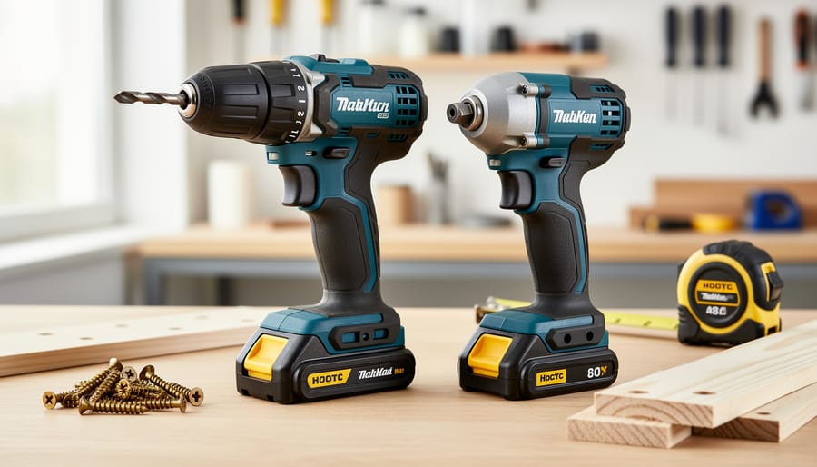 Cordless drill/driver and impact driver on workshop table with screws and wood materials