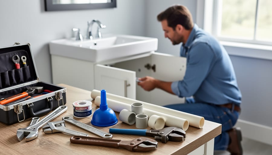 Homeowner's hands arranging basic plumbing tools including wrenches and plunger on workbench