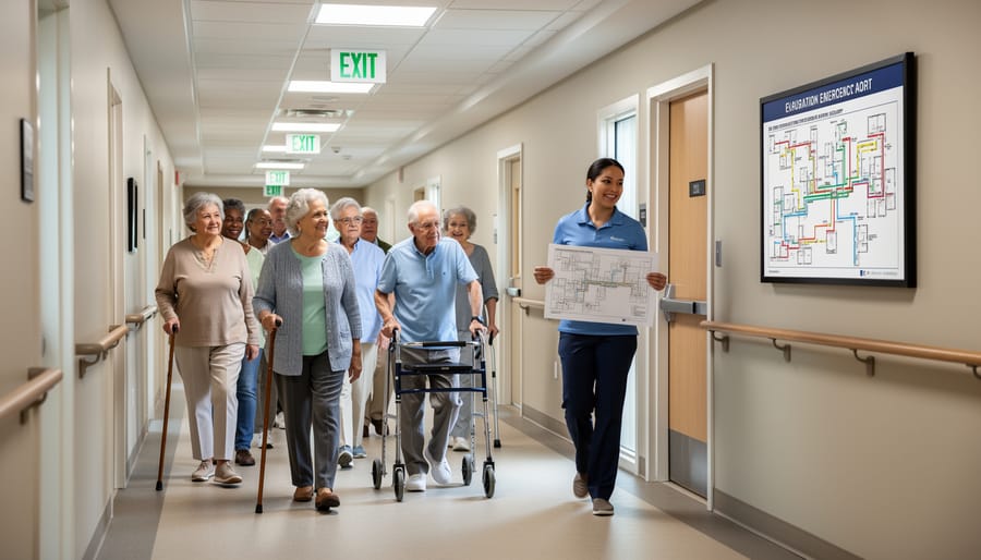Caregiver assisting elderly woman with walker practicing evacuation route through home hallway