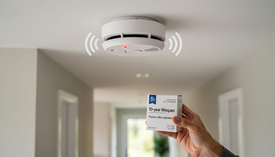 Hand holding smoke detector showing manufacture date label on back of unit