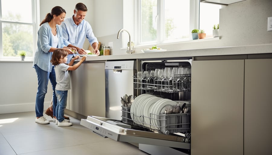 Family loading dishes into built-in dishwasher in modern kitchen