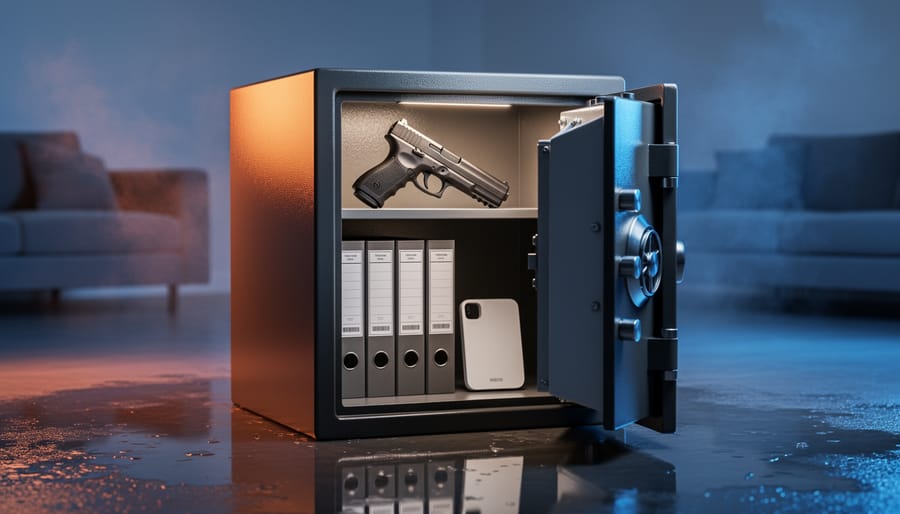 Heavy-duty home safe slightly open, revealing a holstered handgun, document folders, and an external hard drive, with warm fire glow, cool blue light, and a small water puddle in a blurred home interior.